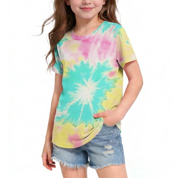 NAISIBABY Girls Graphic Tees, Crew Neck Summer Tie-Dye Short Sleeve Kids Casual T-Shirt Yellow 11T