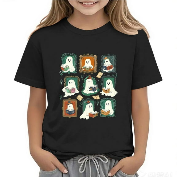 NAISIBABY Girls Halloween T-Shirt, Crewneck Short Sleeve Funny Ghost Graphic Kids Festival Tees Black L