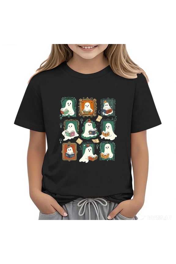 Girls Halloween T-Shirt, Crewneck Short Sleeve Funny Ghost Graphic Kids Festival Tees Black L