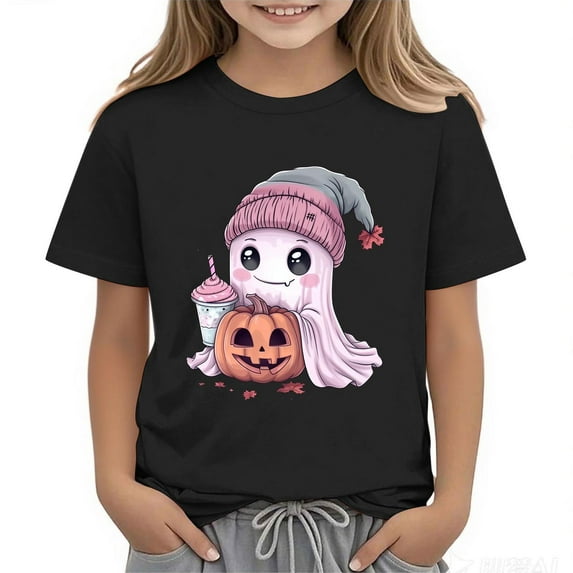 NAISIBABY Girls Halloween T-Shirt, Round Neck Funny Ghost Prints Short Sleeve Pullover Festival Tees Black M