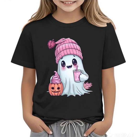 NAISIBABY Girls Halloween T-Shirt, Short Sleeve Funny Ghost Prints Round Neck Pullover Festival Tees Black XS
