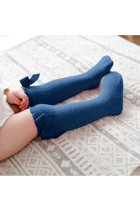 Girls High Tube Socks, Breathable Stretch Sameless Bow Solid Color School Uniform Dance Socks Navy 3-5T