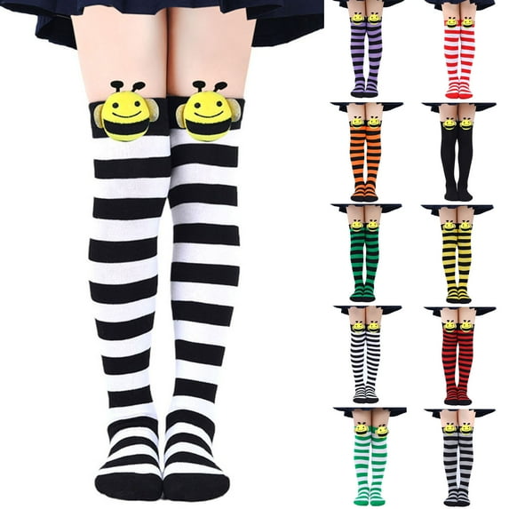 NAISIBABY Girls High Tube Socks, Stretch Cotton Stripe Non Slip Over Knee Sports Long Socks Black 7-12T