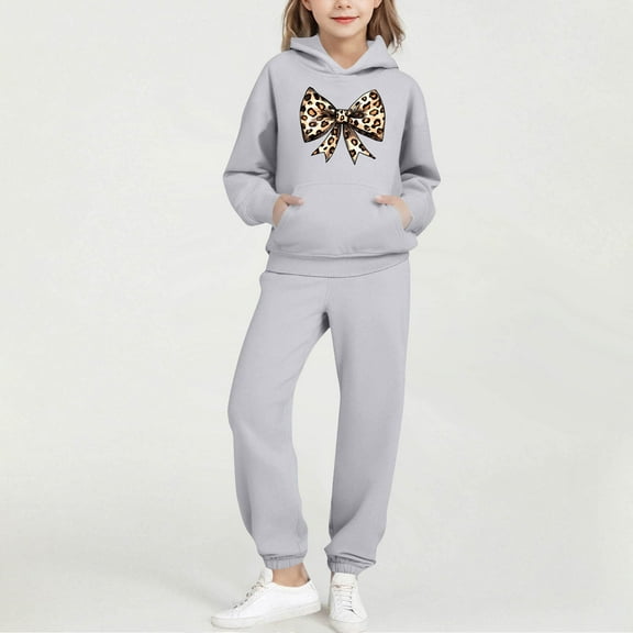 NAISIBABY Girls Hooded Sweatshirt and Jogger Pants Sets, Leopard Graphic Bow Fall Activewear Outfit 2-Piece Gray 7T