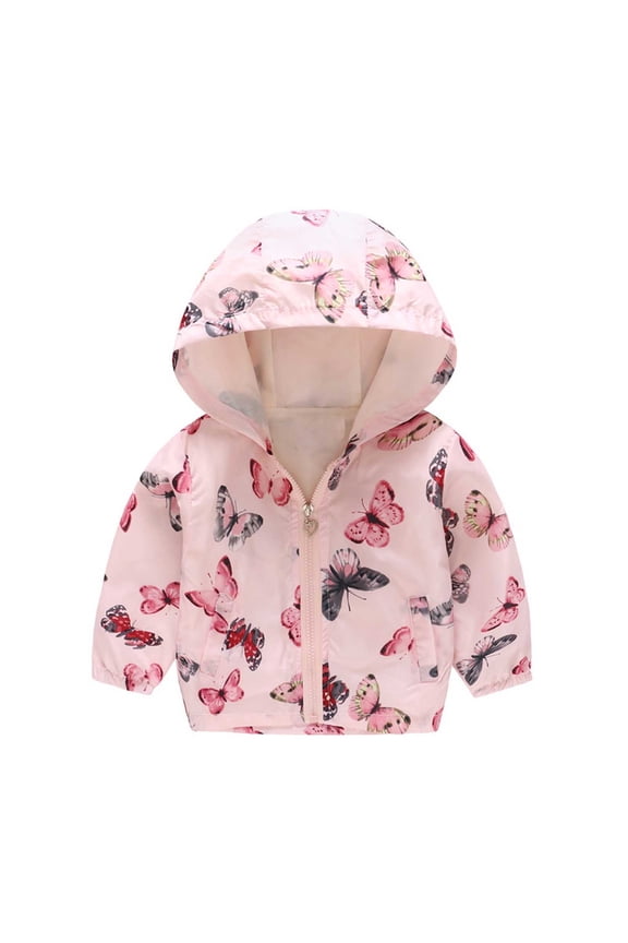 Girls Jacket, Lightweight Windbreaker Cute Pattern Outerwear Kids Hooded Coat Pink 5-6T