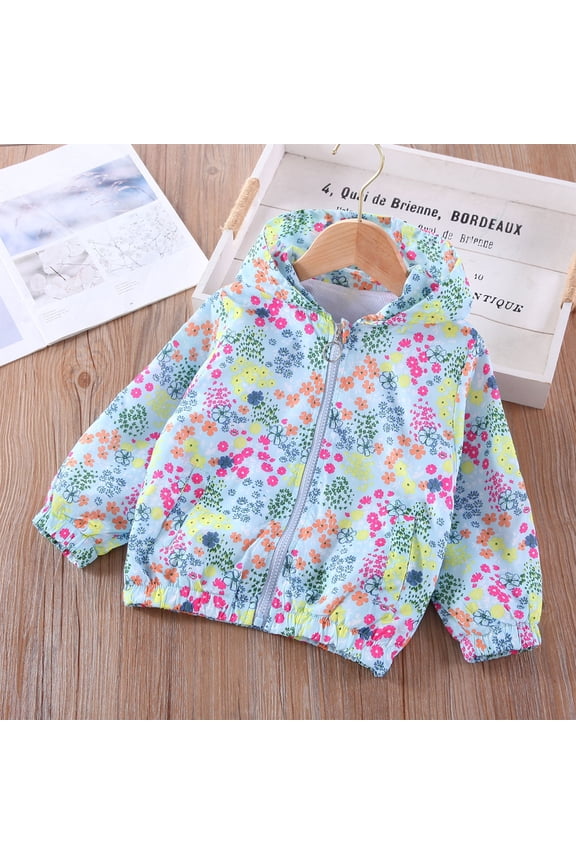 Girls Jackets, Casual Zipper Windbreaker Kids Hooded Prints Coats Light Blue 7T