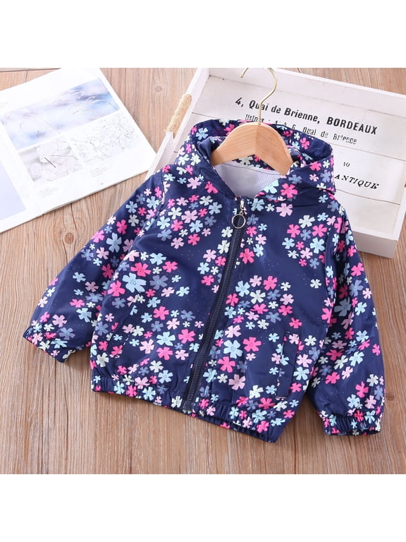Girls Jackets, Windbreaker Casual Zipper Kids Hooded Prints Coats Blue 6T