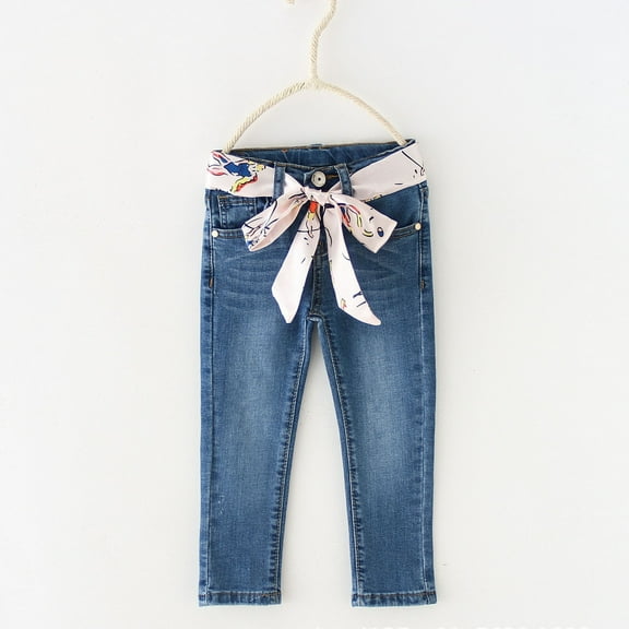 NAISIBABY Girls Jeans, Casual High Waist Silk Waistband Kids Denim Pants Blue 4T