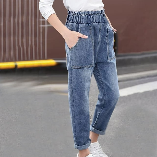 NAISIBABY Girls Jeans, Elastic Waist Causal Loose Pockets Kids Denim Pants Blue 5T