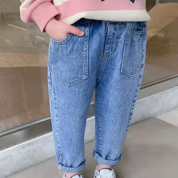NAISIBABY Girls Jeans, Elastic Waist Pockets Causal Loose Kids Denim Pants Blue 5T