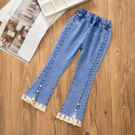 NAISIBABY Girls Jeans, Lace Loose Casual Kids Wide Leg Flared Pants Blue 6T