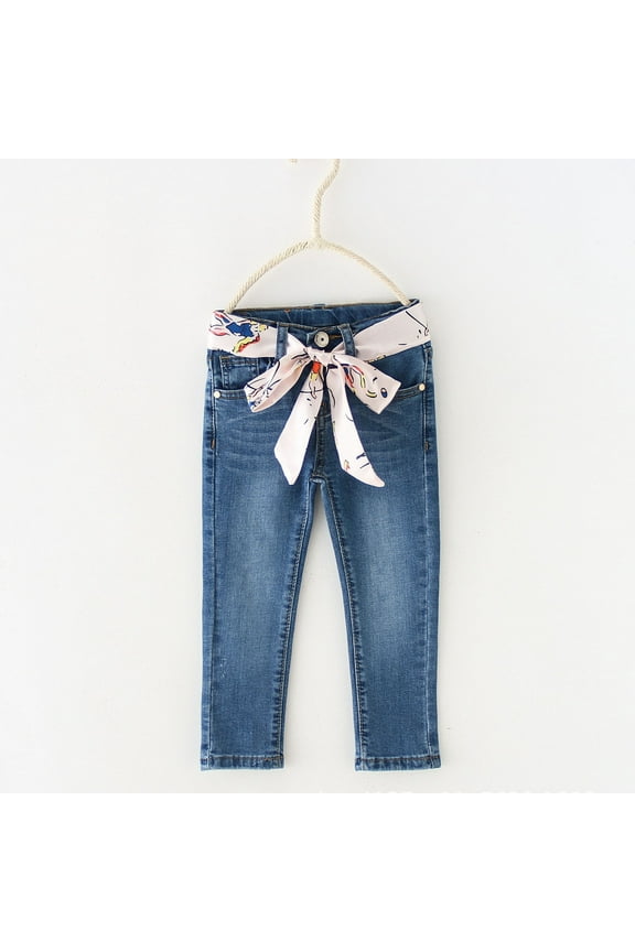 Girls Jeans, Silk Waistband Casual High Waist Kids Denim Pants Blue 3T