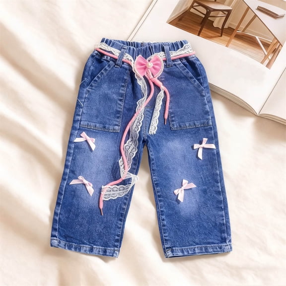 NAISIBABY Girls Jeans Size 7, High Rise with Bow Lace Belt Baggy Wide Leg Kids Fashion Denim Pants Blue（2-8T)