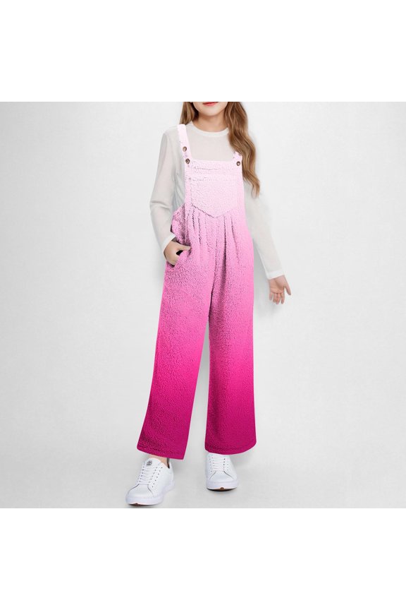 Girls Jumpsuits with Bib Pockets, Fleece Warm Adjustable Buttons Strap Soft Loose Fall Winter Overalls Hot Pink 10T