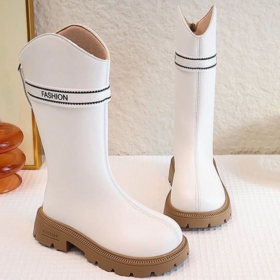 NAISIBABY Girls Knee High Boots, Back Zipper Lug Sole Wide Calf Fall Winter Fashion Princess Boots Beige 2(Big Kids)