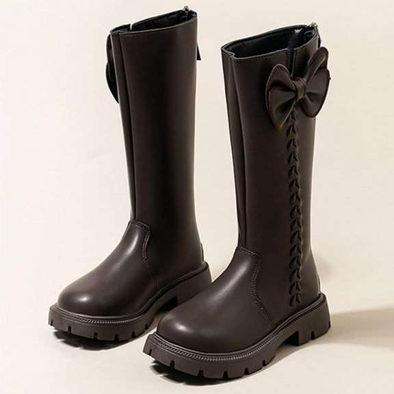 NAISIBABY Girls Knee High Boots, Non-Slip Waterproof Zipper Thick Sole Faux Fur Lined Winter Princess Bow Riding Boots Brown 12.5(Little Kids)