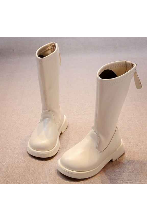 Girls Knee High Boots, Zipper PU Leather Comfort Soft Sole Fashion Riding Boots Beige