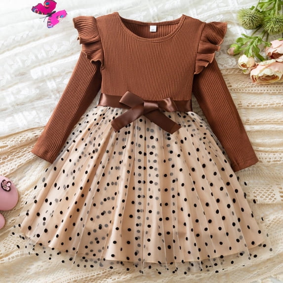 NAISIBABY Girls Knit Dresses, Ruffles Long Sleeve Polka Dot Tulle Party Princess Fall Winter Tutu Dress Khaki 4T