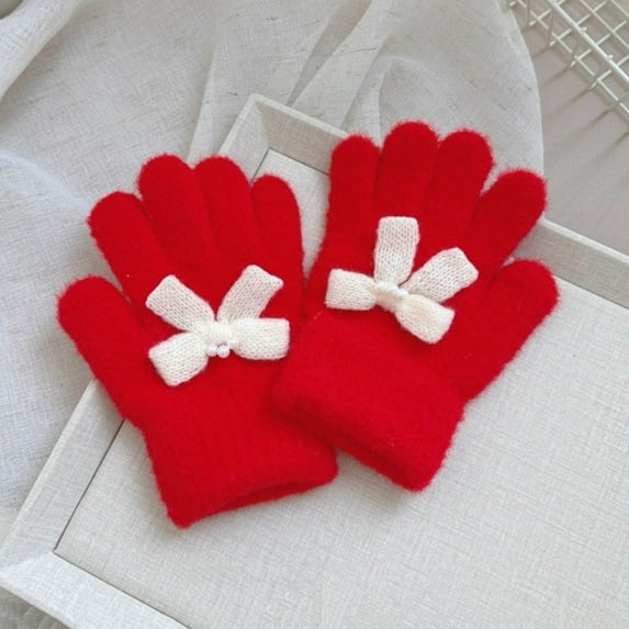 NAISIBABY Girls Knit Gloves, Cute Bowknot Pearl Soft Thicken Warm Winter 2025 Outdoor Gloves Red