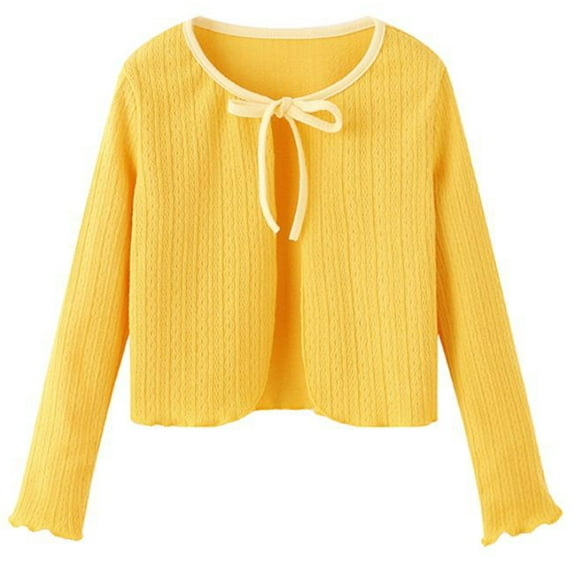 NAISIBABY Girls Knitted Cardigan, Bow Tie Long Sleeve Lightweight Cotton Shawl Tops Yellow 6-8T