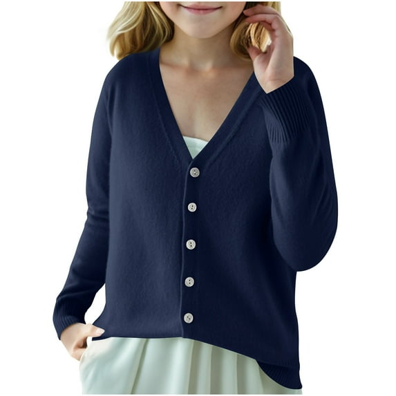 NAISIBABY Girls Knitted Cardigan, V Neck Buttons Long Sleeve Loose Casual Spring Fall Knitted Coat Navy 8-9T