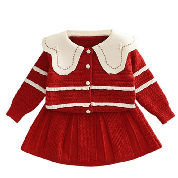 NAISIBABY Girls Knitted Sweater Set 2-Piece, Long Sleeve Floral Buttons Cardigan Tops and Skirt Fall Winter Fashion Outfit Clothes Red 7-8T