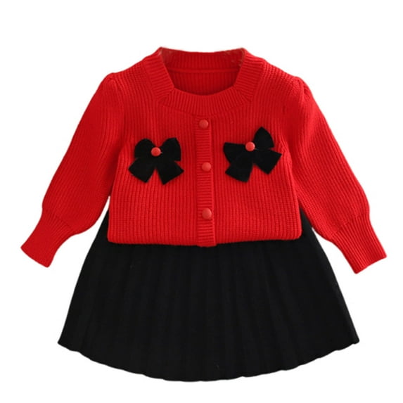 NAISIBABY Girls Knitted Sweater Set, Long Sleeve Bowknot Tops with Skirt Fall Winter Fashion Outfits 2-Piece Red 5T