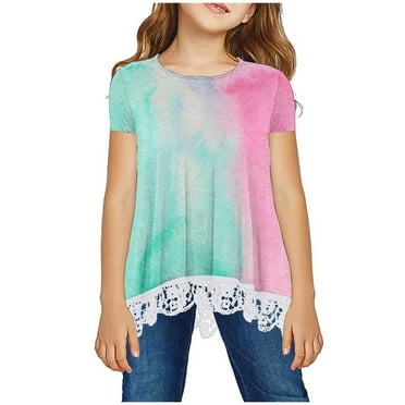 NAISIBABY Girls Lace T-shirt, Cute Gradient Print Crew Neck Short Sleeve Summer Kids Blouse Multicolor 7T