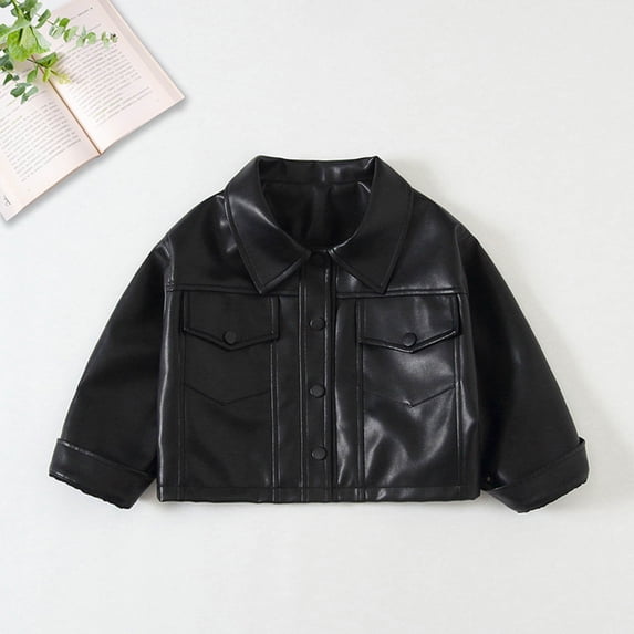 NAISIBABY Girls Leather Jacket, Button-Up Fashion Lapel Long Sleeve Spring Fall Motorcycle Coat Black 4T