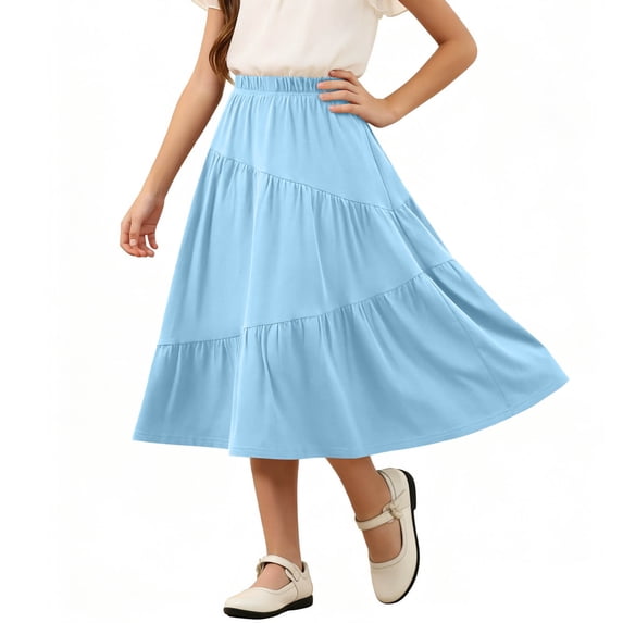 NAISIBABY Girls Long Skirt, A-Line Flowy Ruffle High Waist Kids Casual Tiered Maxi Skirt Blue 8T