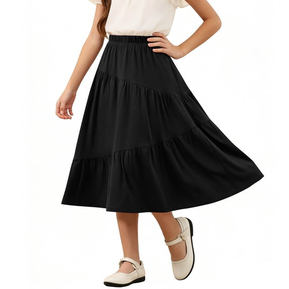 NAISIBABY Girls Long Skirt, High Waist A-Line Flowy Ruffle Kids Casual Tiered Maxi Skirt Black 6T