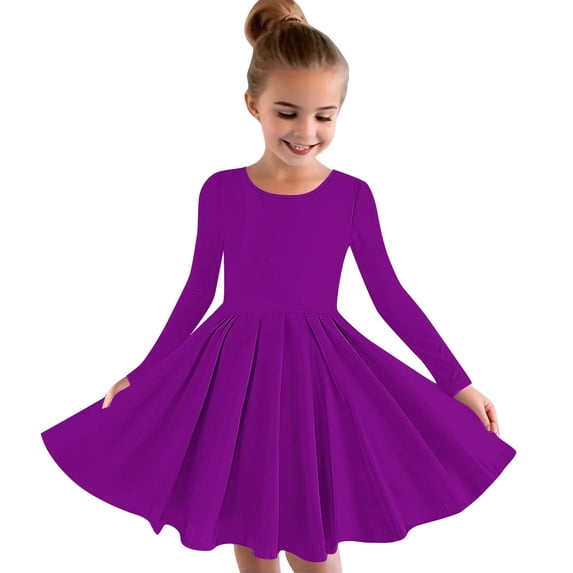 NAISIBABY Girls Long Sleeve Basic Dress, A Line Solid Color Stretch Skater Dance Recital Dress Purple 7-8T