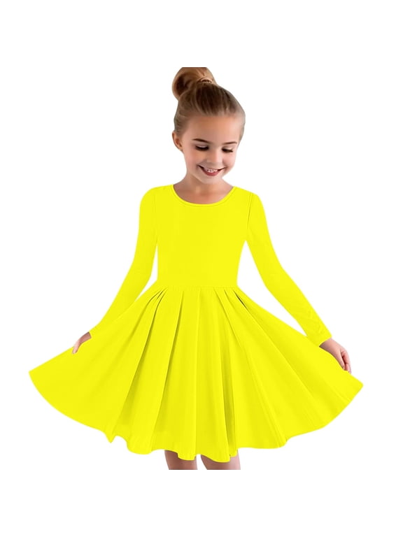 Girls Long Sleeve Basic Dress, Solid Color Stretch A Line Skater Dance Recital Dress Yellow 13-14T