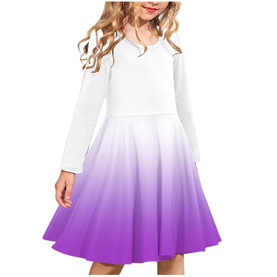 NAISIBABY Girls Long Sleeve Dress, Crew Neck Stretchy Gradient Training Dance Ballet A-Line Dress Purple 11-12T