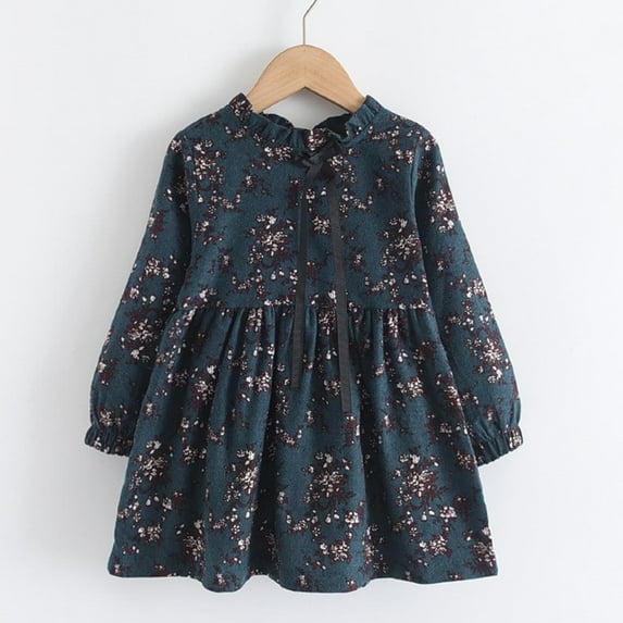NAISIBABY Girls Long Sleeve Dress, Floral Pleated Lace Up Cotton Lightweight Casual Flare Sundress Green 5-6T