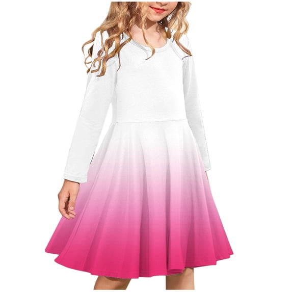 NAISIBABY Girls Long Sleeve Dress, Stretchy Crew Neck Gradient Training Dance Ballet A-Line Dress Hot Pink 7-8T