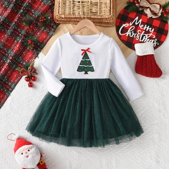 NAISIBABY Girls Long Sleeve Dresses, Tutu Tulle Crewneck Casual Festival Christmas Party Midi Dresses White 5T