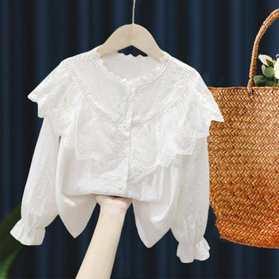 NAISIBABY Girls Long Sleeve Shirt 7-8T, Cotton Buttons Cute Flounce Kids Causal Formal Tops White(3-14T)