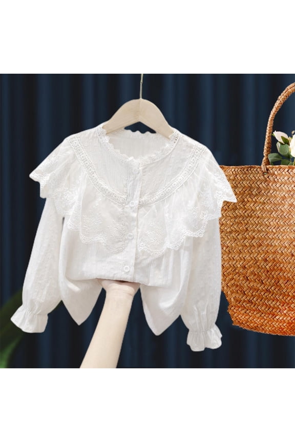 Girls Long Sleeve Shirt 7-8T, Cotton Buttons Cute Flounce Kids Causal Formal Tops White(3-14T)