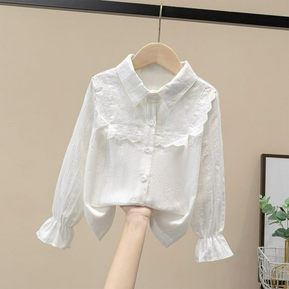 NAISIBABY Girls Long Sleeve Shirt, Buttons Cotton Floral Ruffles Cute Elegant Formal Tops White 11T
