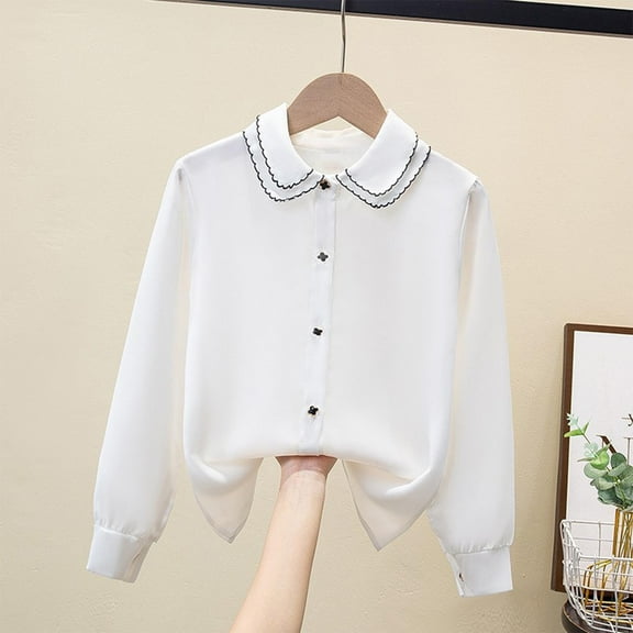 NAISIBABY Girls Long Sleeve Shirt, Buttons Thin Cotton Ruffles Collar New Causal Formal Tops White 5T