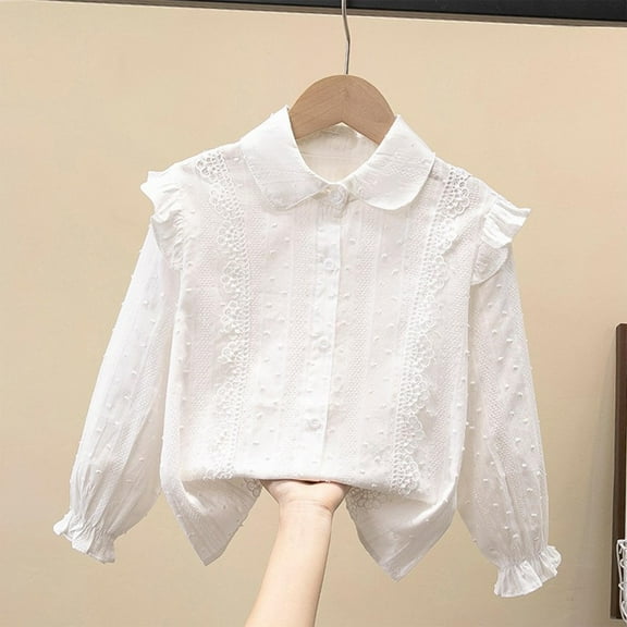 NAISIBABY Girls Long Sleeve Shirt, Cotton Cute Buttons Lace Ruffles Collar Kids Casual Formal Tops White 7T