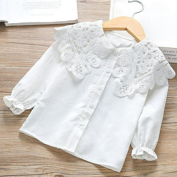 NAISIBABY Girls Long Sleeve Shirt, Ruffles Lace Collar Cotton Breathable Buttons Causal Formal Tops White 7T