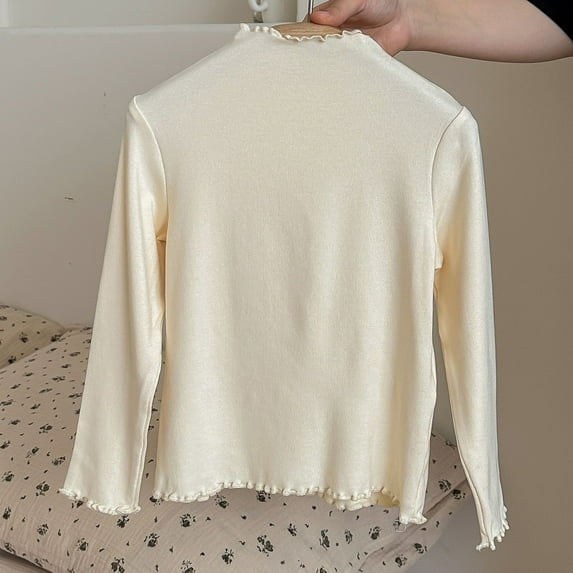 NAISIBABY Girls Long Sleeve Shirts, Pleated High Neck Soft Fitted Solid Color Casual Pullover Tops Beige 8-10T