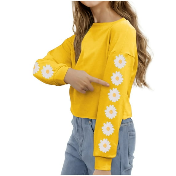 NAISIBABY Girls Long Sleeve Shirts, Pullover Floral Prints Crew Neck Casual Tops Yellow 10-11T