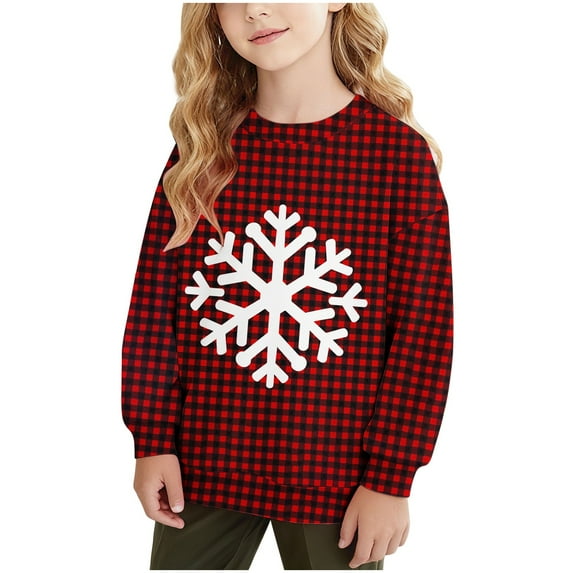 NAISIBABY Girls Long Sleeve Sweatshirt(1-15T), Pullover Loose Soft Plaid Snowflake Graphic Kids Fashion Christmas Tops Red 12T