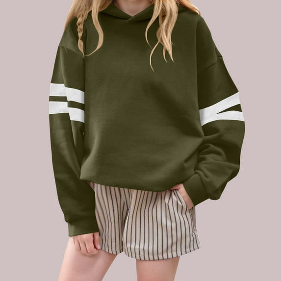 NAISIBABY Girls Long Sleeve Sweatshirt, Striped Fleece-lined Soft Loose Kids Casual Pullover Hoodie Tops Army Green 11T
