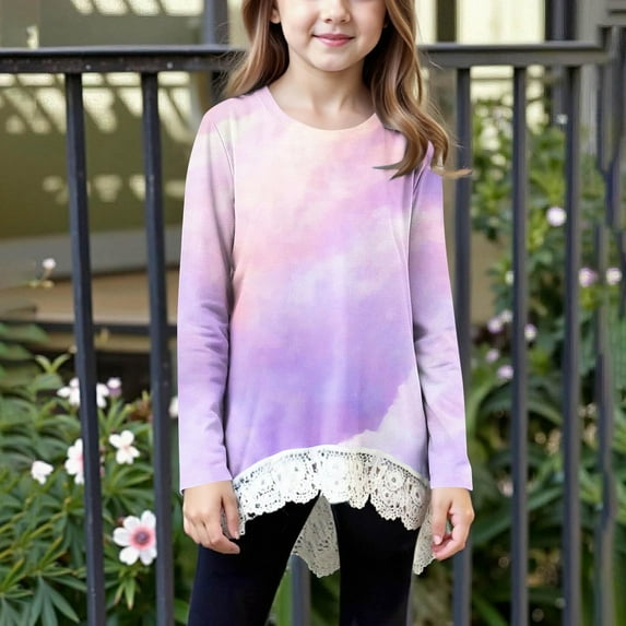 NAISIBABY Girls Long Sleeve T Shirt, Crewneck Fashion Tie Dye Cute Lace Hem Kids Fall Clothes Tops Purple 12T