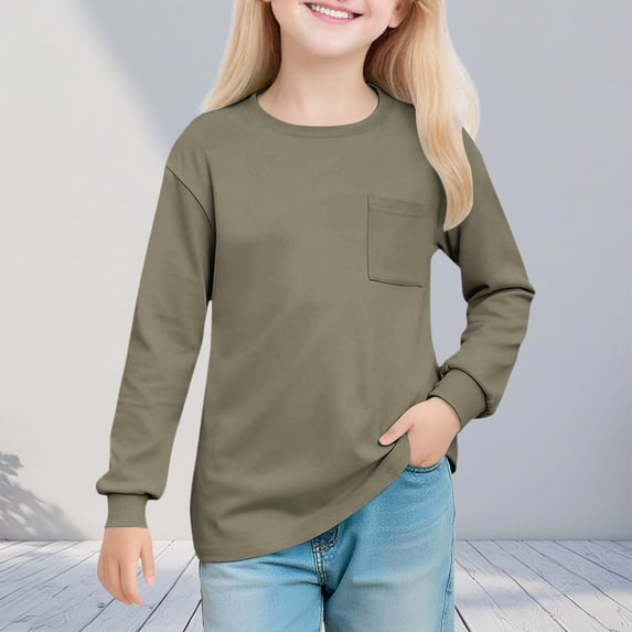NAISIBABY Girls Long Sleeve T Shirt, Pullover Crew Neck Soft Comfy Kids Casual Spring Fall Tops Khaki 5T