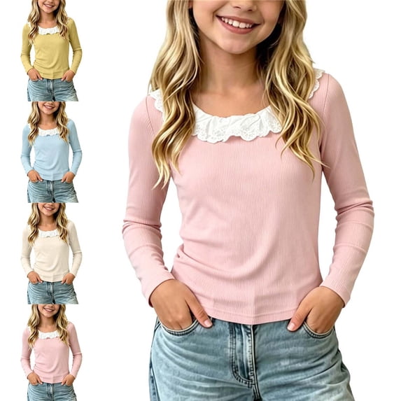 NAISIBABY Girls Long Sleeve T-Shirt, Ruffle Crew Neck Solid Stretchy Casual Fall Top Light Blue Size 3-12M